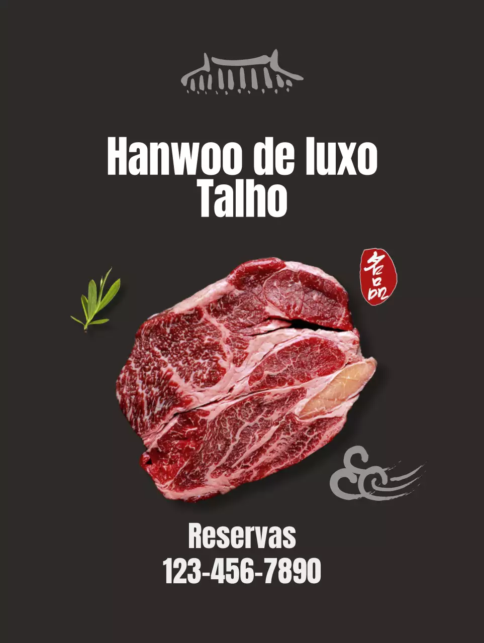 Promover um restaurante limpo de inspiração coreana com imagens de carne de vaca coreana num fundo preto