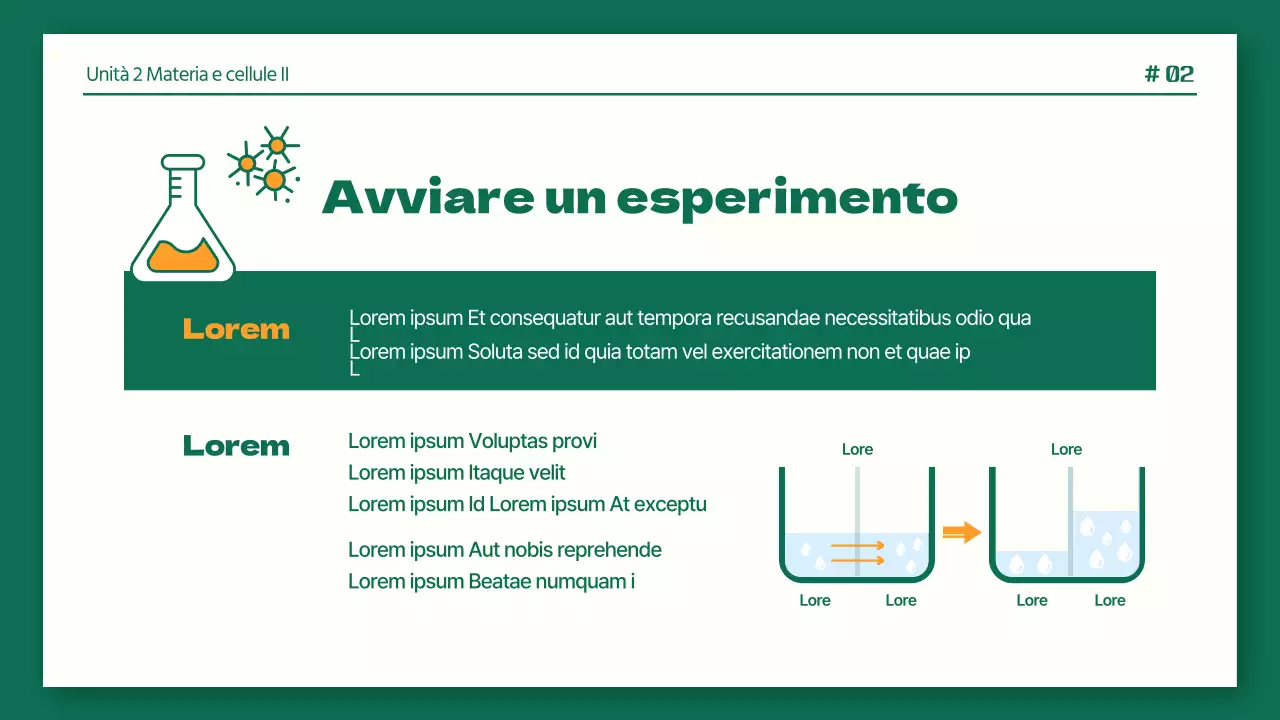 Relazioni di laboratorio di scienze ordinate in verde e arancione