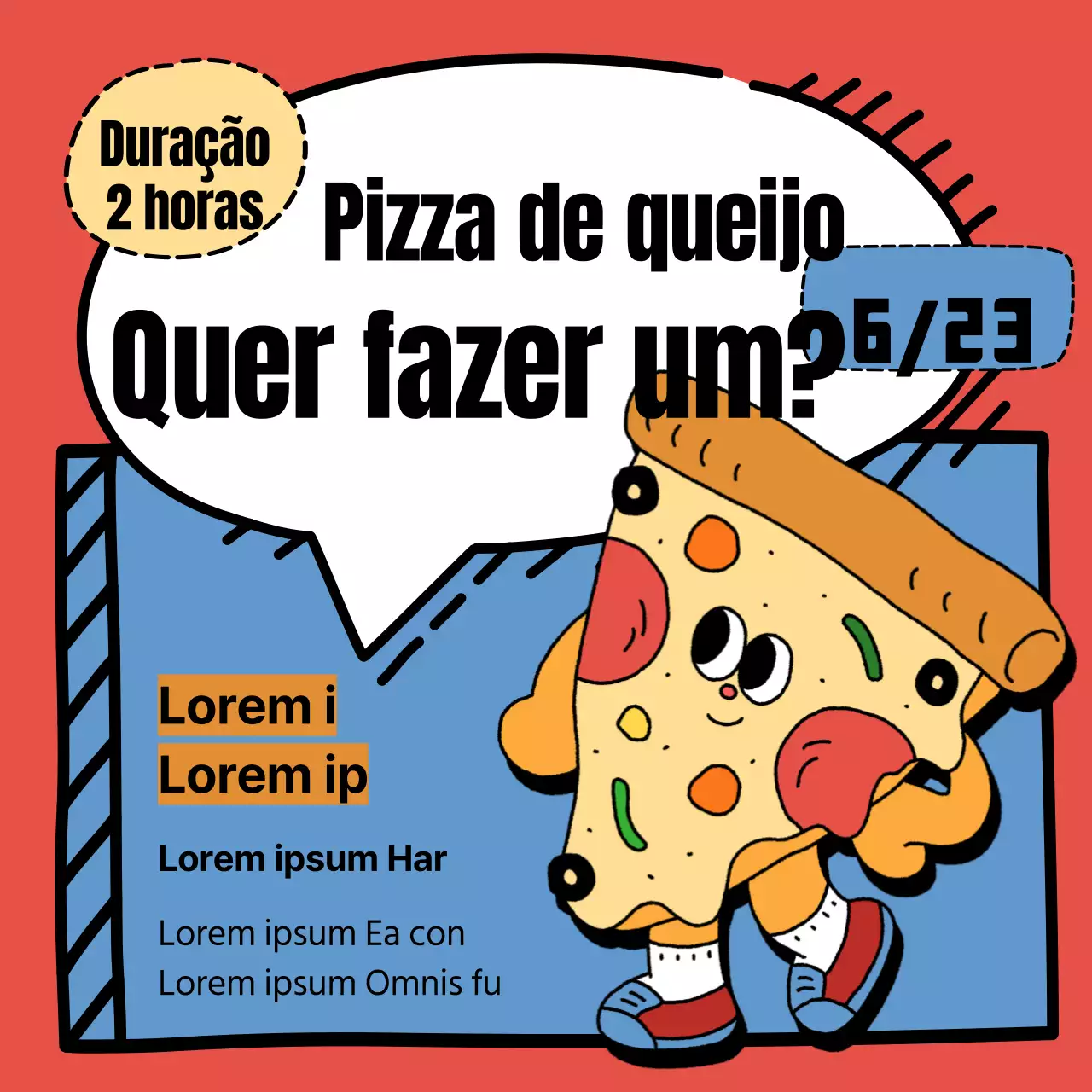 Promova a experiência da pizza com personagens de pizza azul claro e cor-de-rosa