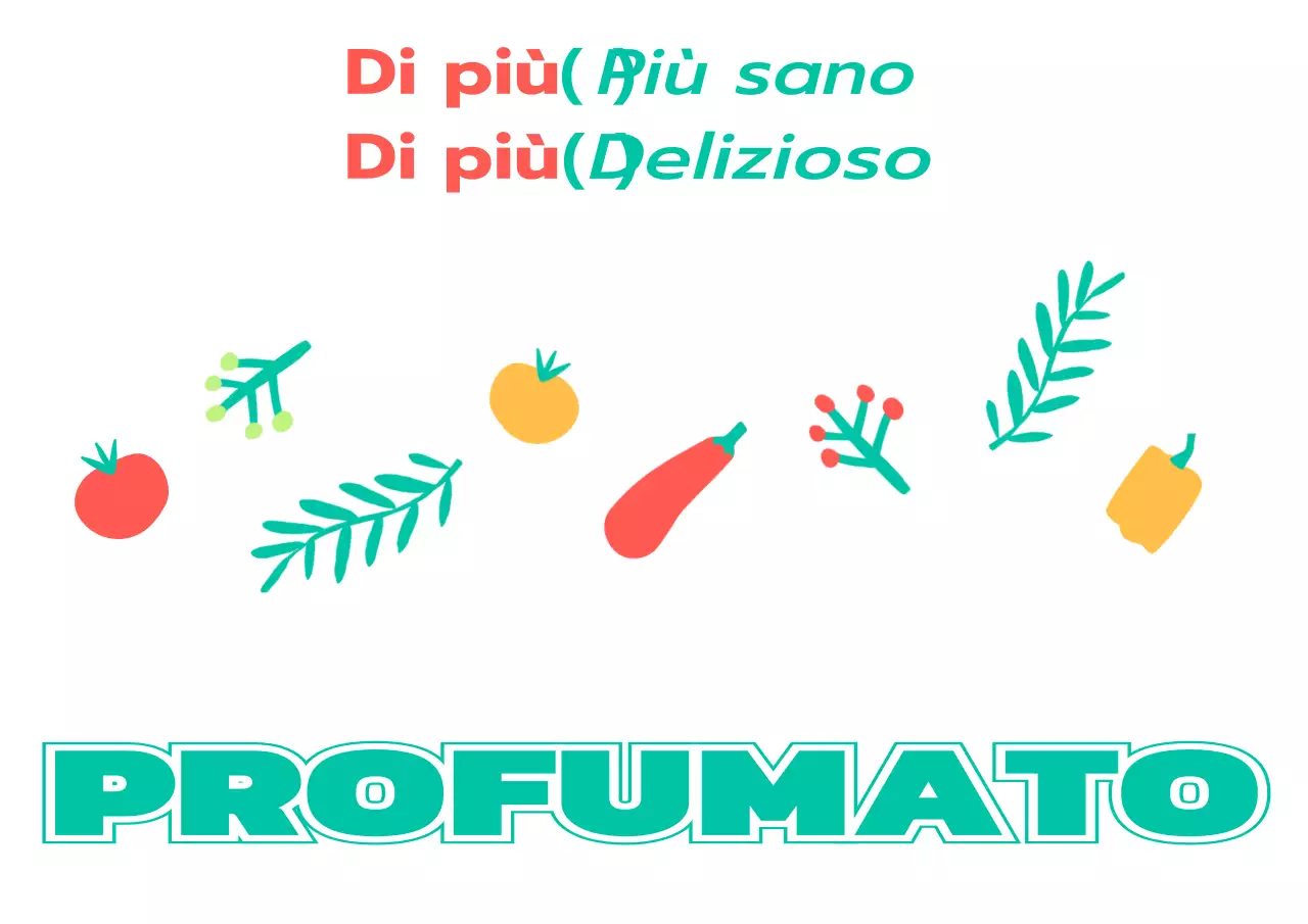 Per promuovere un negozio di insalate con semplici illustrazioni di verdure e piante in turchese e rosso.