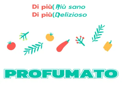 Per promuovere un negozio di insalate con semplici illustrazioni di verdure e piante in turchese e rosso.