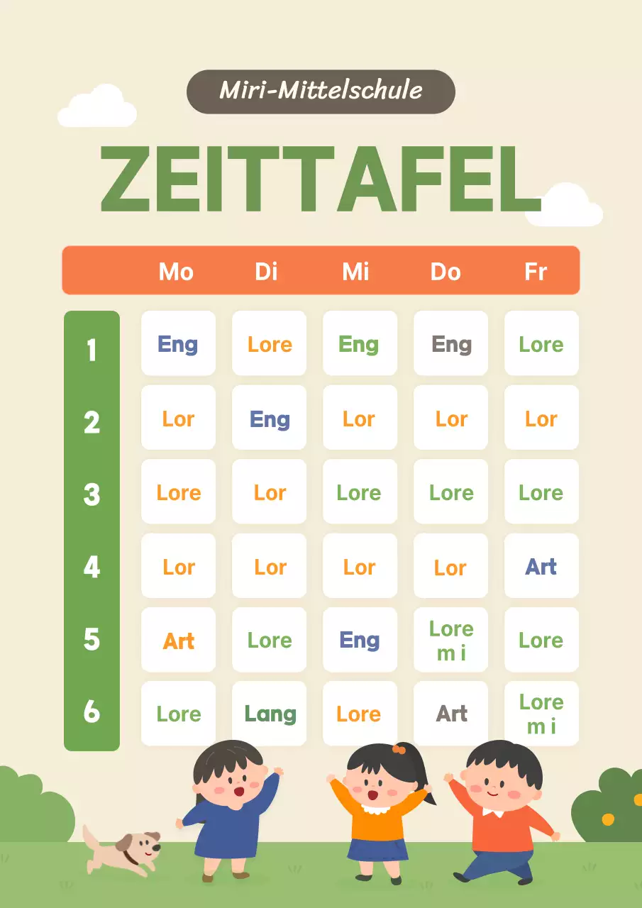 Klassenstundenplan mit bunten und niedlichen Illustrationen