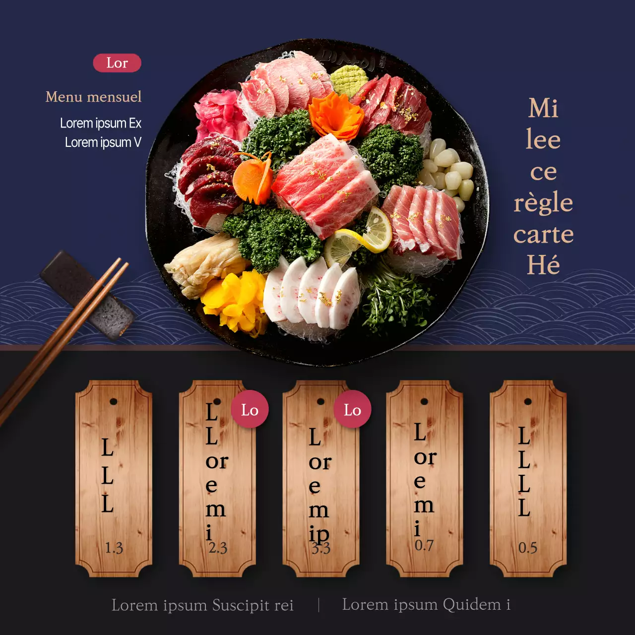 Un izakaya japonais frais et délicieux en bleu marine et noir avec un menu japonais de saison.