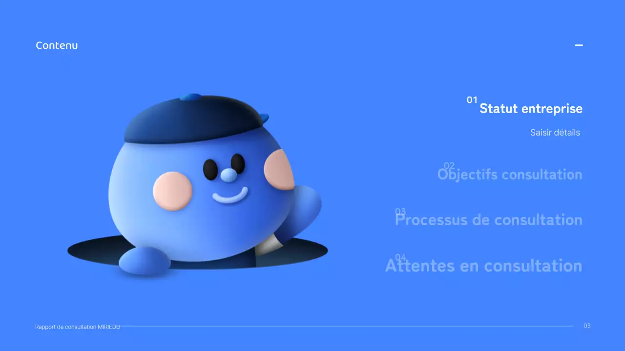 Un personnage tridimensionnel bleu au concept épuré pour un rapport de conseil.