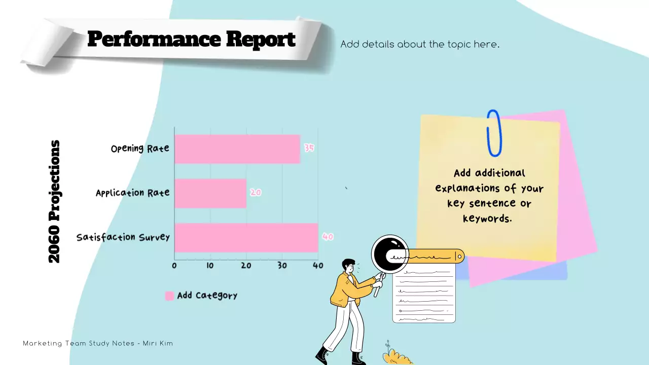 하늘색과 노랑색의 모던한 마케팅 회의록 보고서