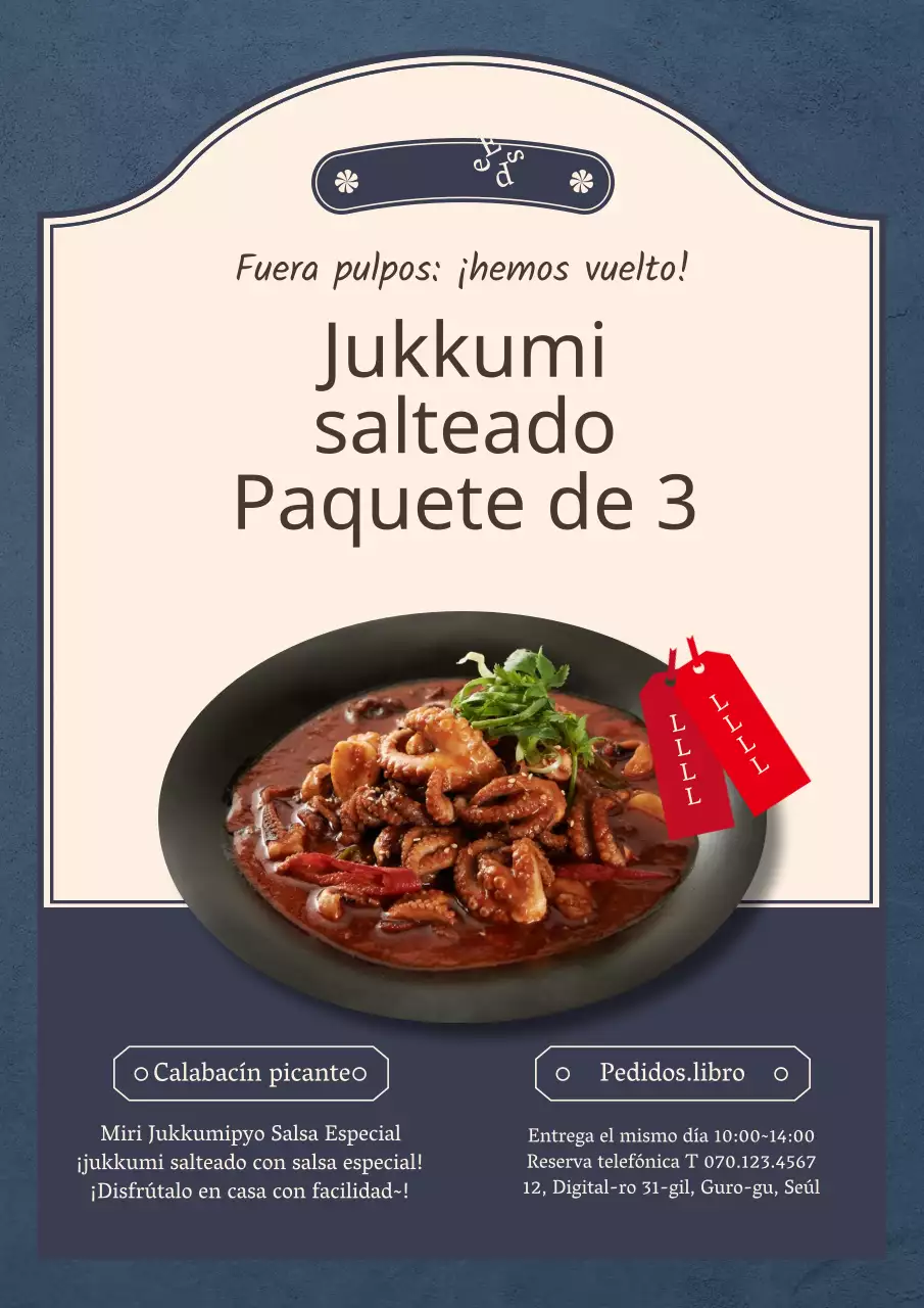 La fotografía azul destaca un concepto limpio con un menú de chuletas de cerdo por tiempo limitado