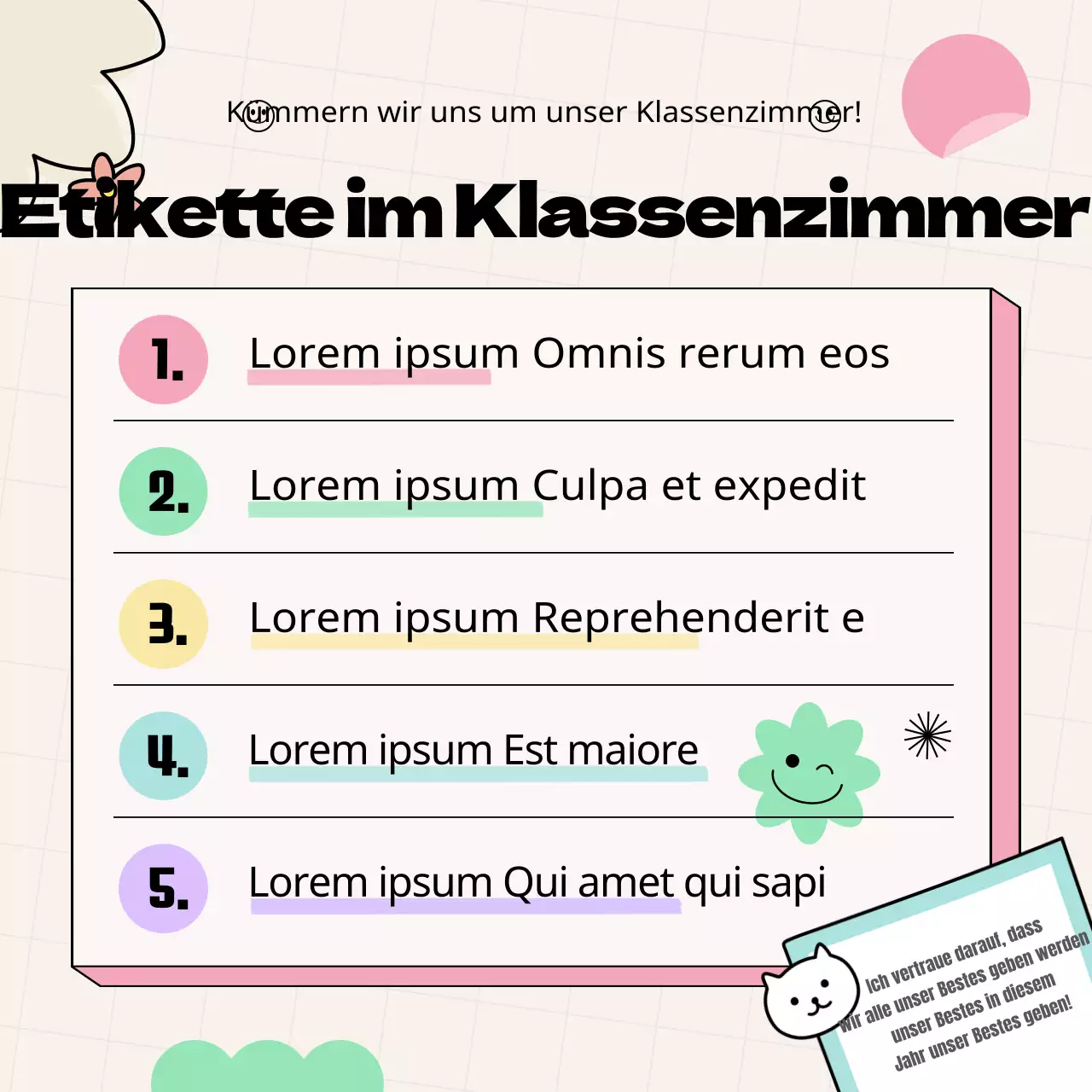 Werbematerialien für Klassenregeln mit gelben und bunten niedlichen Graffiti