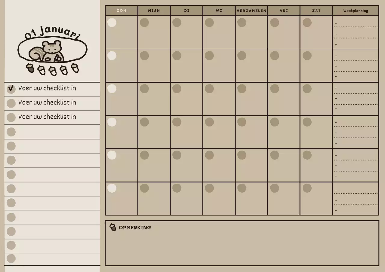 Schattige Geïllustreerde Maandplanner in Beige Bruin