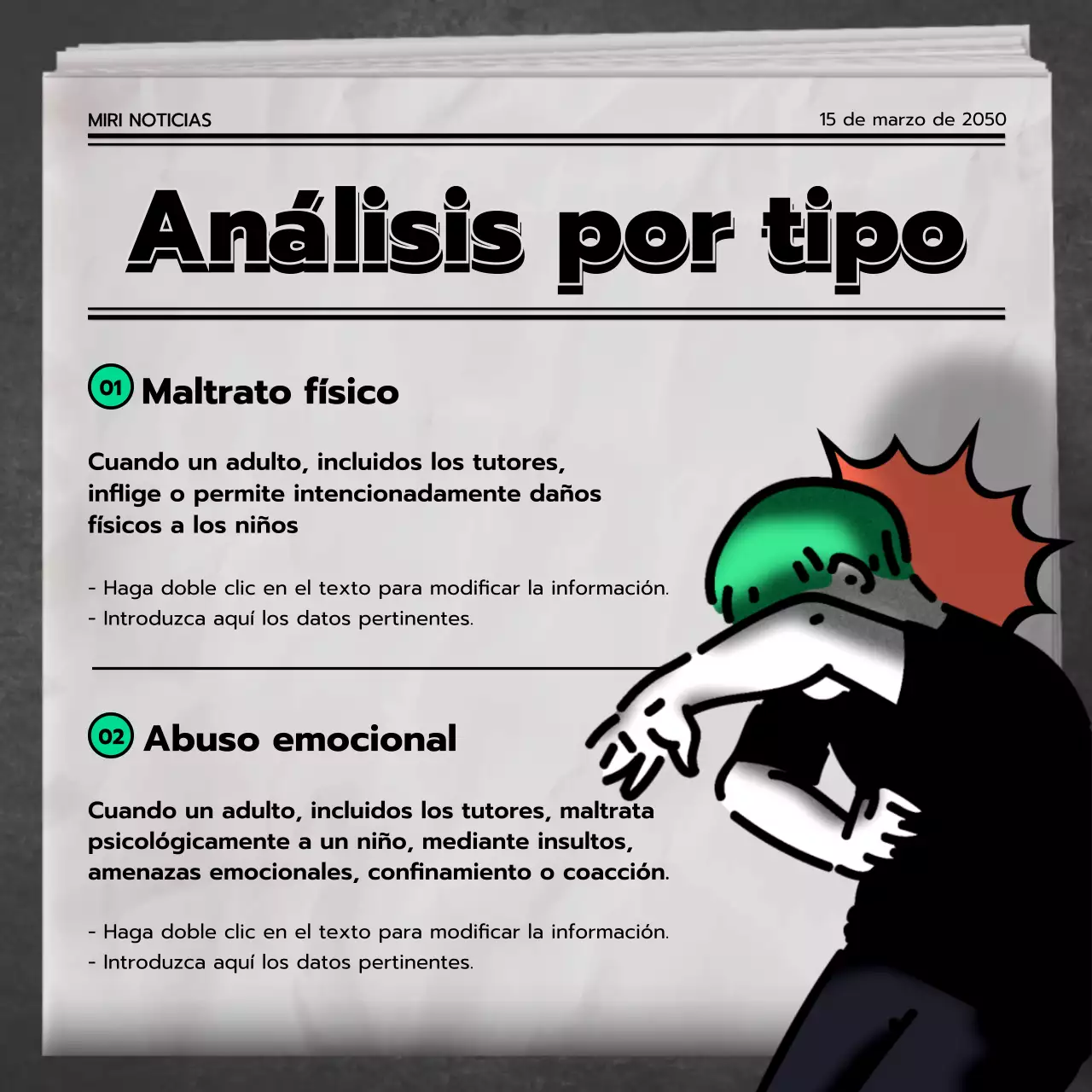 Tipos y prevención del maltrato infantil en Verde Gris Naranja Periódico Noticias Concepto