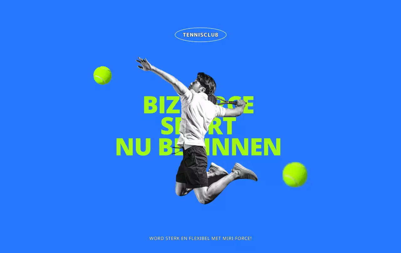 Een jonge, actieve tennisclub in blauw en chartreuse.