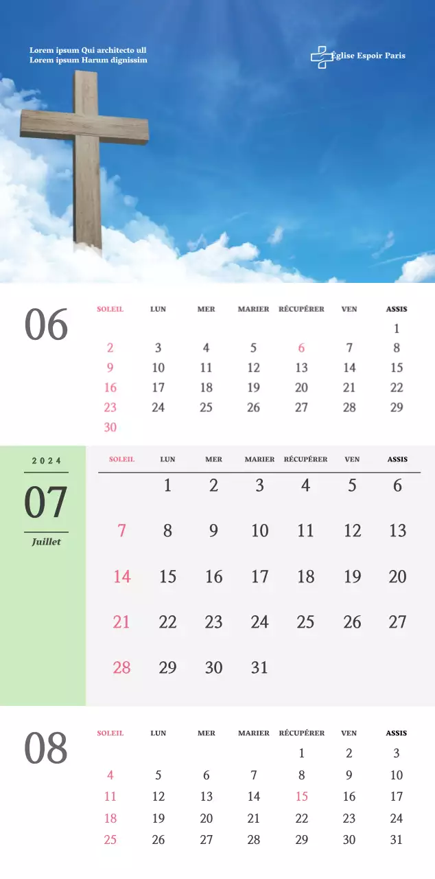 Calendrier mural d'église de conception simple, en noir et blanc, avec des photos religieuses émotionnelles