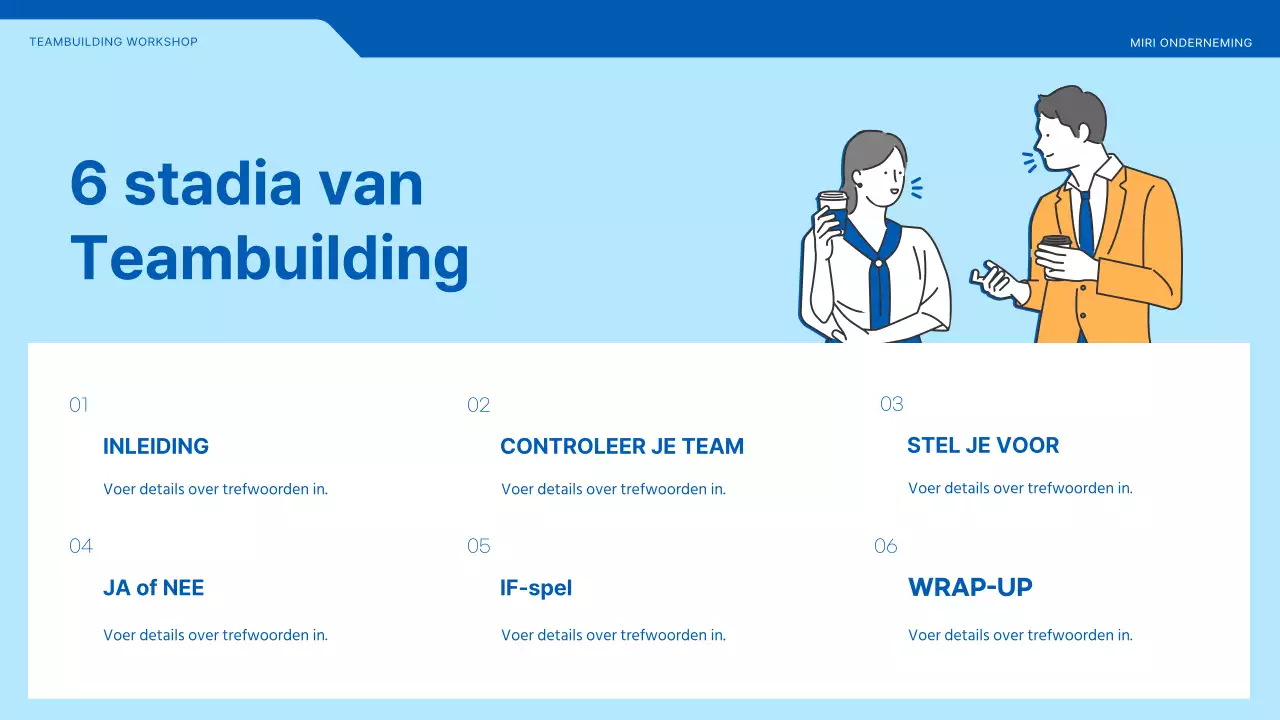 Teambuildingworkshop met illustraties in blauw en geel