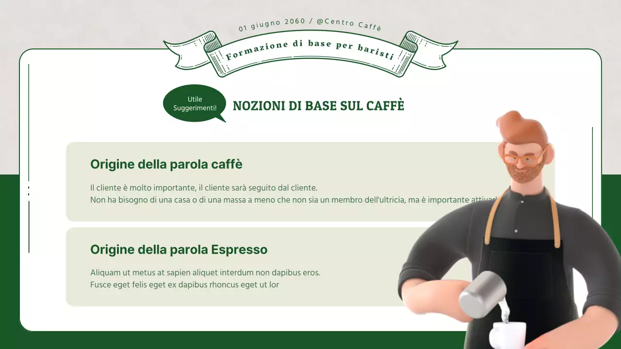Formazione per baristi con illustrazioni verdi in 3D