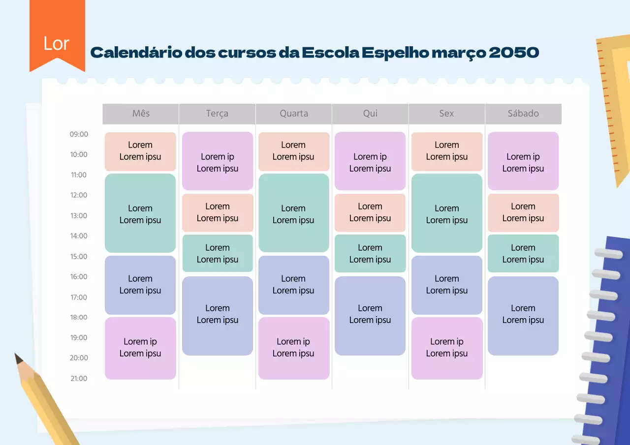 Horário escolar com instrumentos de escrita azuis claros