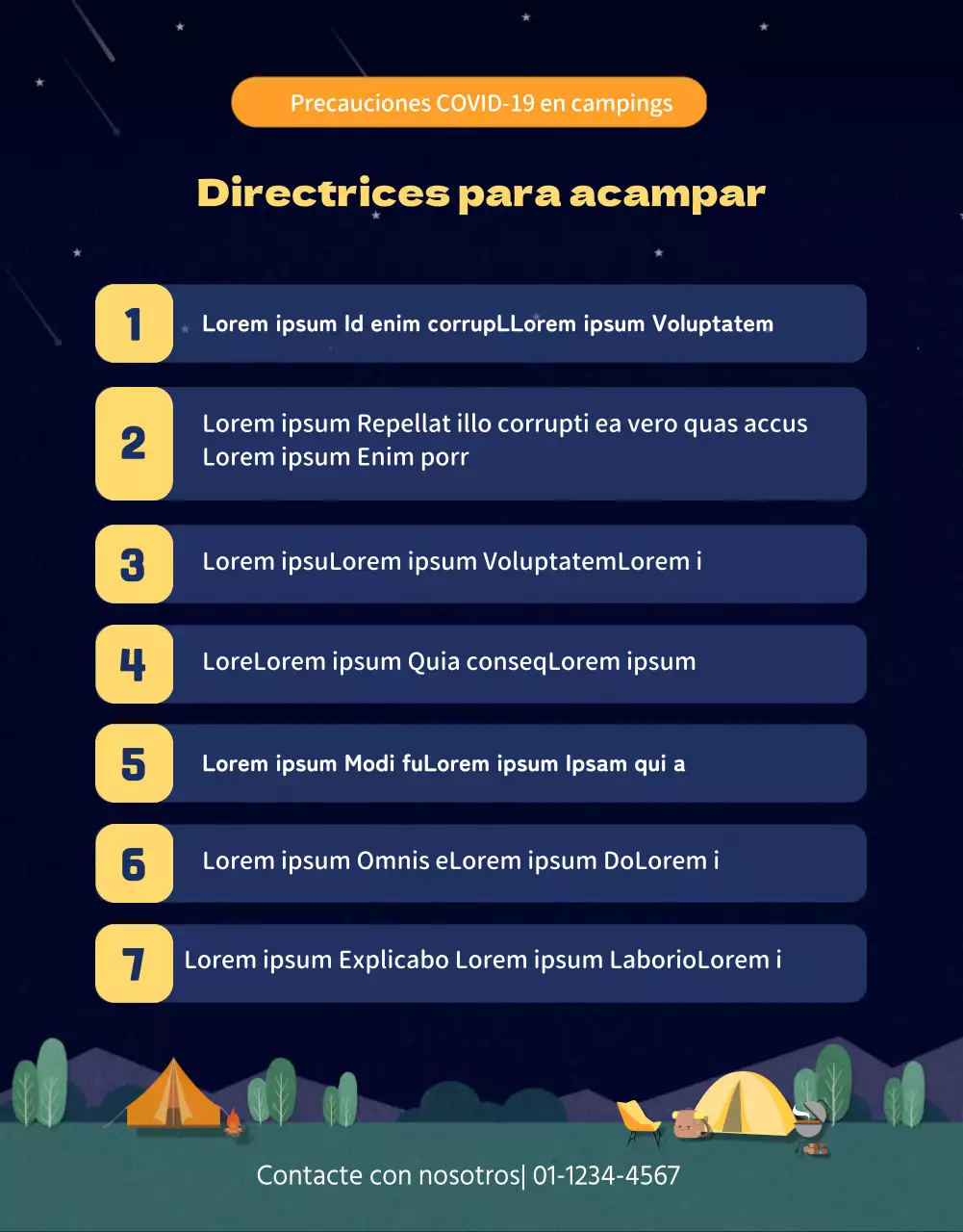 Instrucciones con ilustraciones de un camping de noche en azul marino