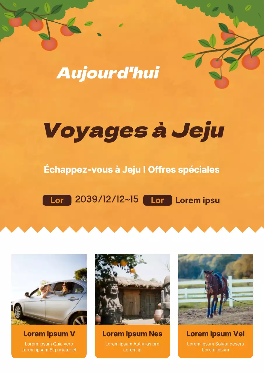 Prospectus orange et blanc promouvant une offre d'agence de voyage à prix réduit