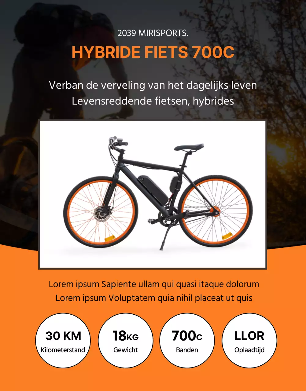 Promoot de heldere, gewaagde en actieve Mirisport hybride fiets in oranje en zwart.