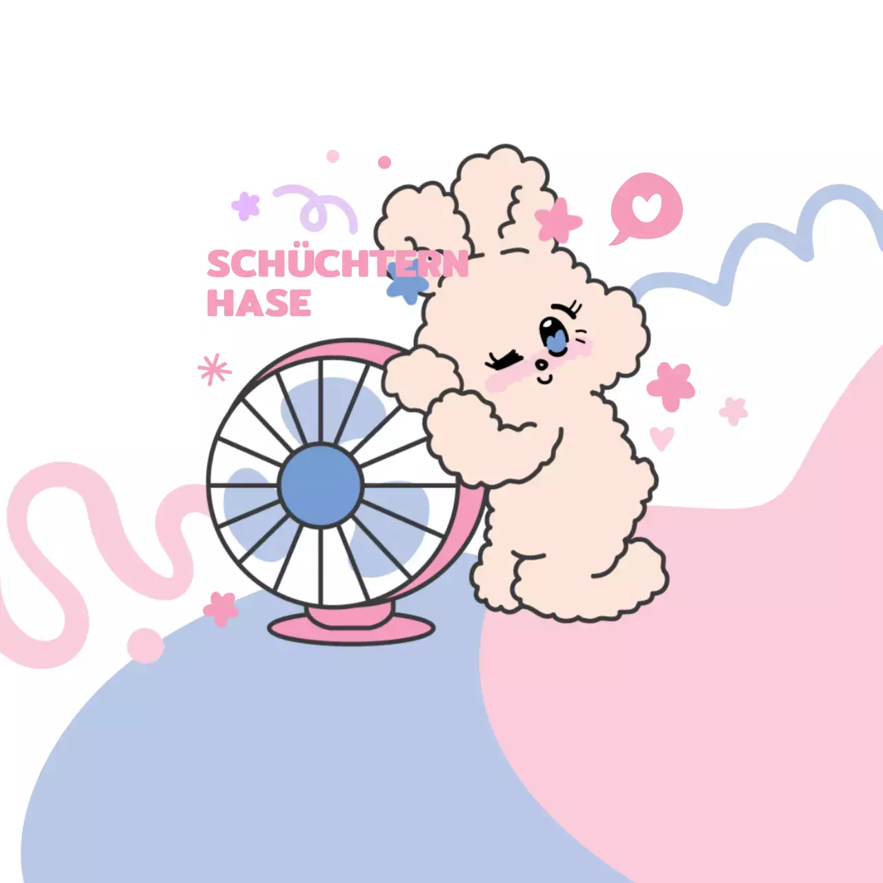 Personalisierte Artikel mit niedlichen Hasenfiguren und Fan-Illustrationen in Rosa und Pastellfarben.