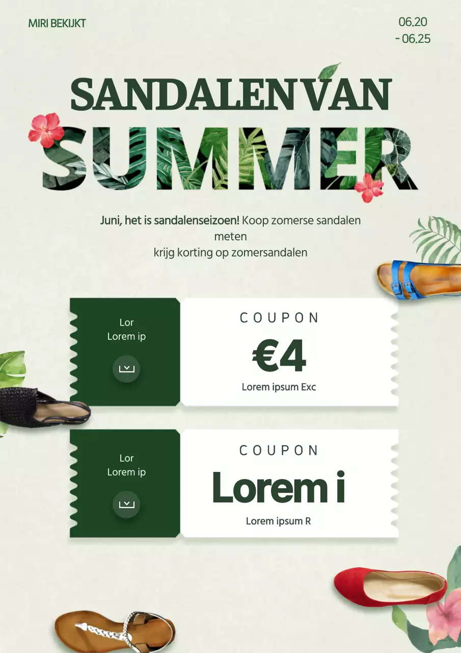 Evenement flyer met een kortingsbon voor zomerschoenen in groene tinten
