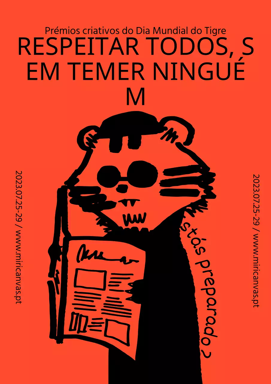 Tigre desenhado à mão a ler um jornal com uns bonitos óculos de sol cor de laranja e pretos