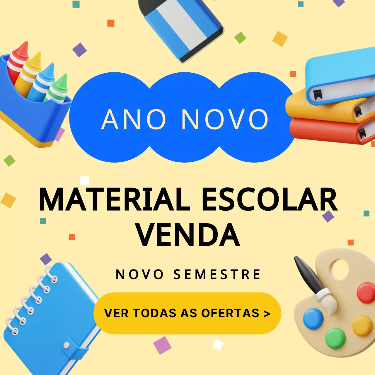 Exposição de material escolar tridimensional 3D amarelo e azul