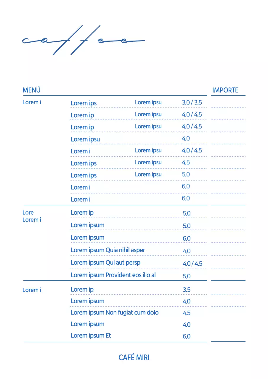 White Blue Simple Cafe Carta de bebidas