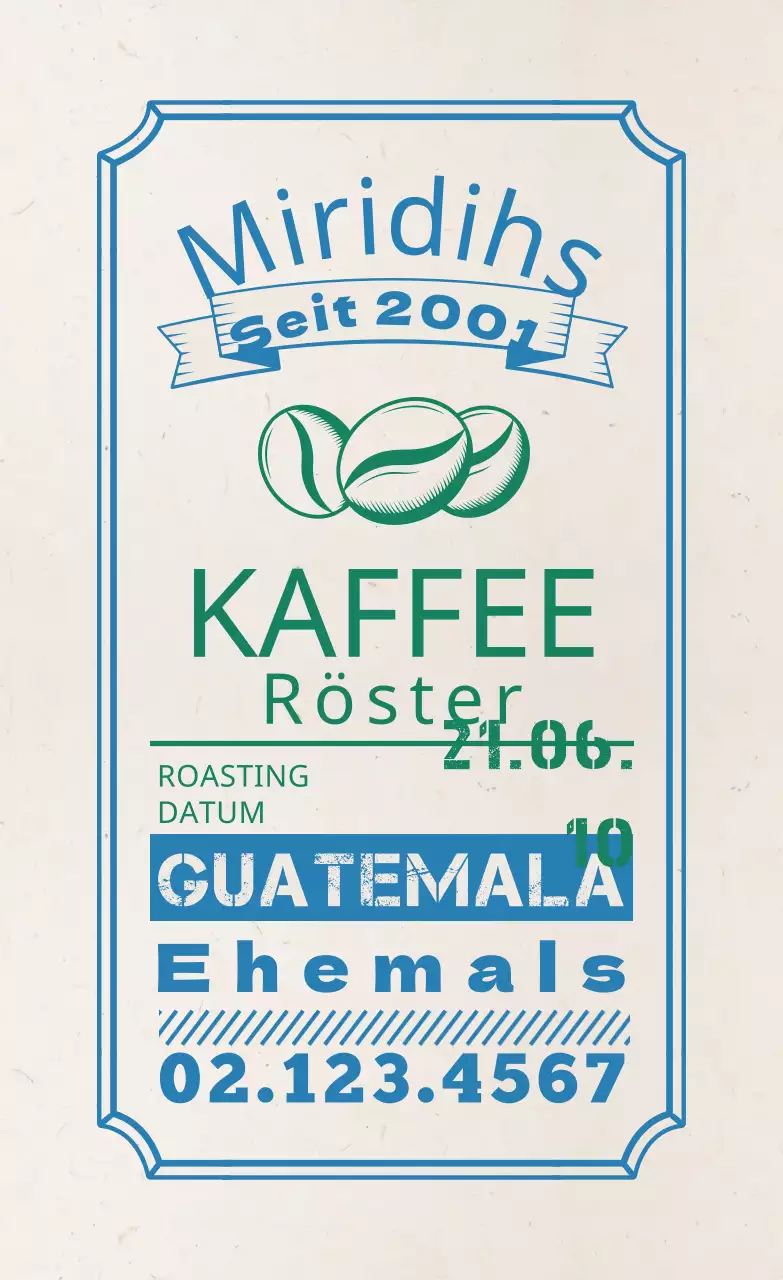 Kaffeebohnen-Etiketten mit blauem typografischem Design