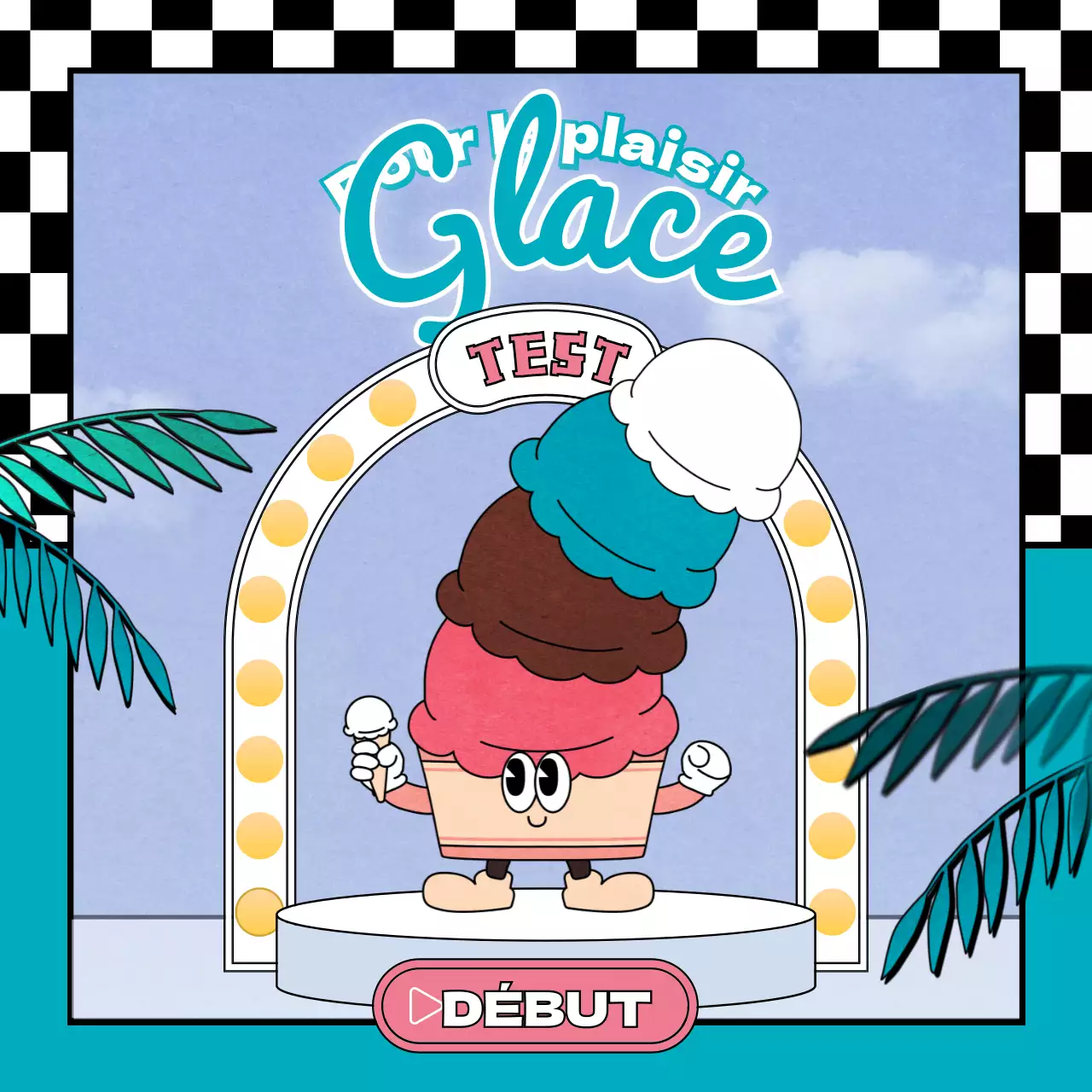 Illustration d'un mignon personnage rétro de crème glacée de couleur rose menthe chocolat