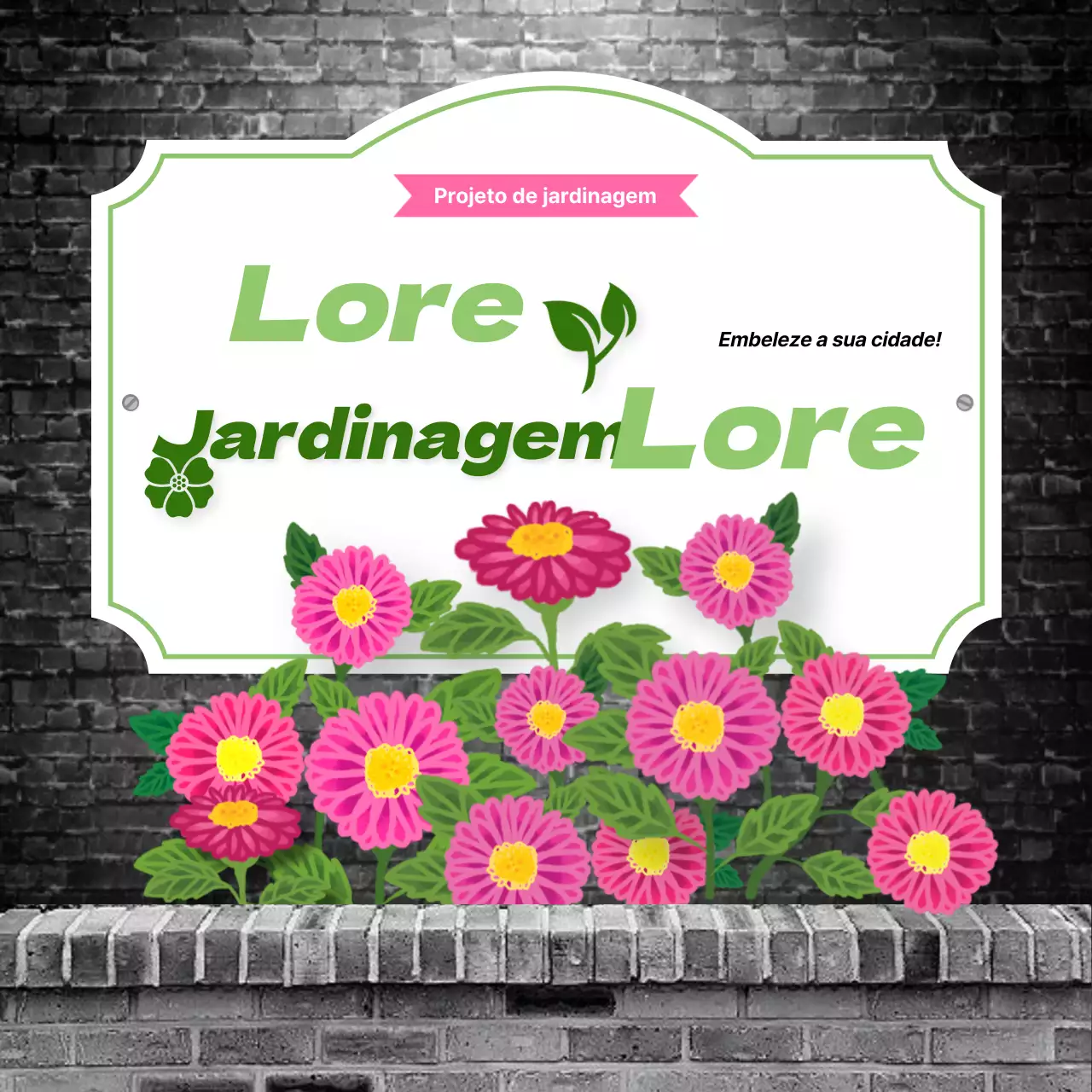 Tema de jardinagem com paredes exteriores de tijolo cinzento e cor-de-rosa