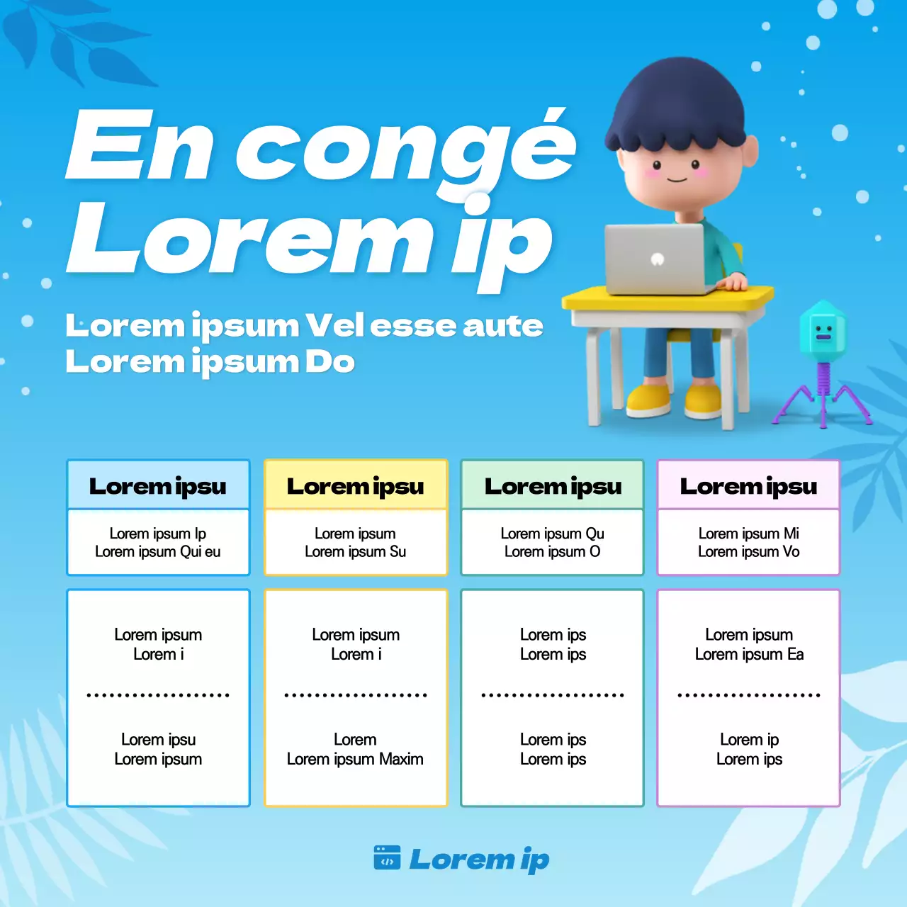 Cours accéléré de codage de jeux d'été pour les élèves de l'école primaire avec des concepts illustrés en 3D dans les tons bleus