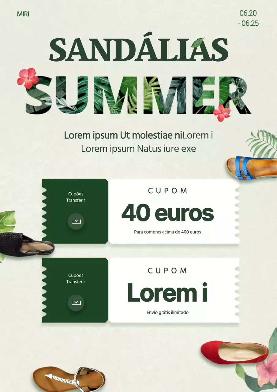 Folheto de evento que promove um cupão de desconto para sapatos de verão em tons de verde