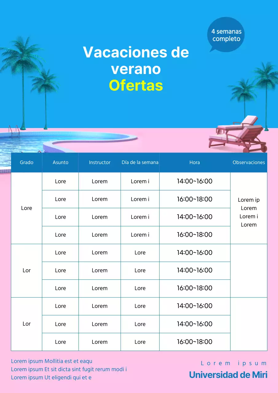 Folleto azul y rosa para promocionar el horario escolar de las vacaciones de verano