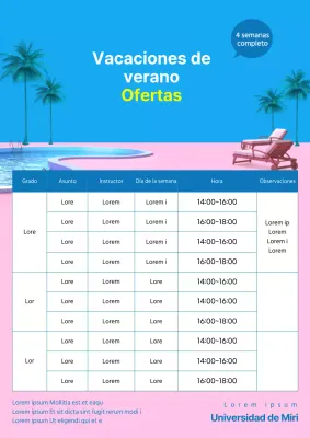Folleto azul y rosa para promocionar el horario escolar de las vacaciones de verano