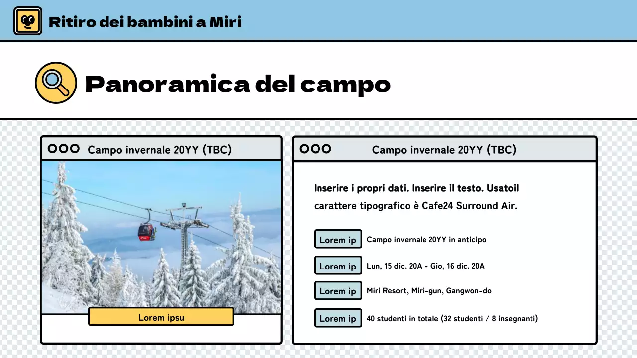 Campo invernale per bambini dallo stile simpatico in azzurro e verde