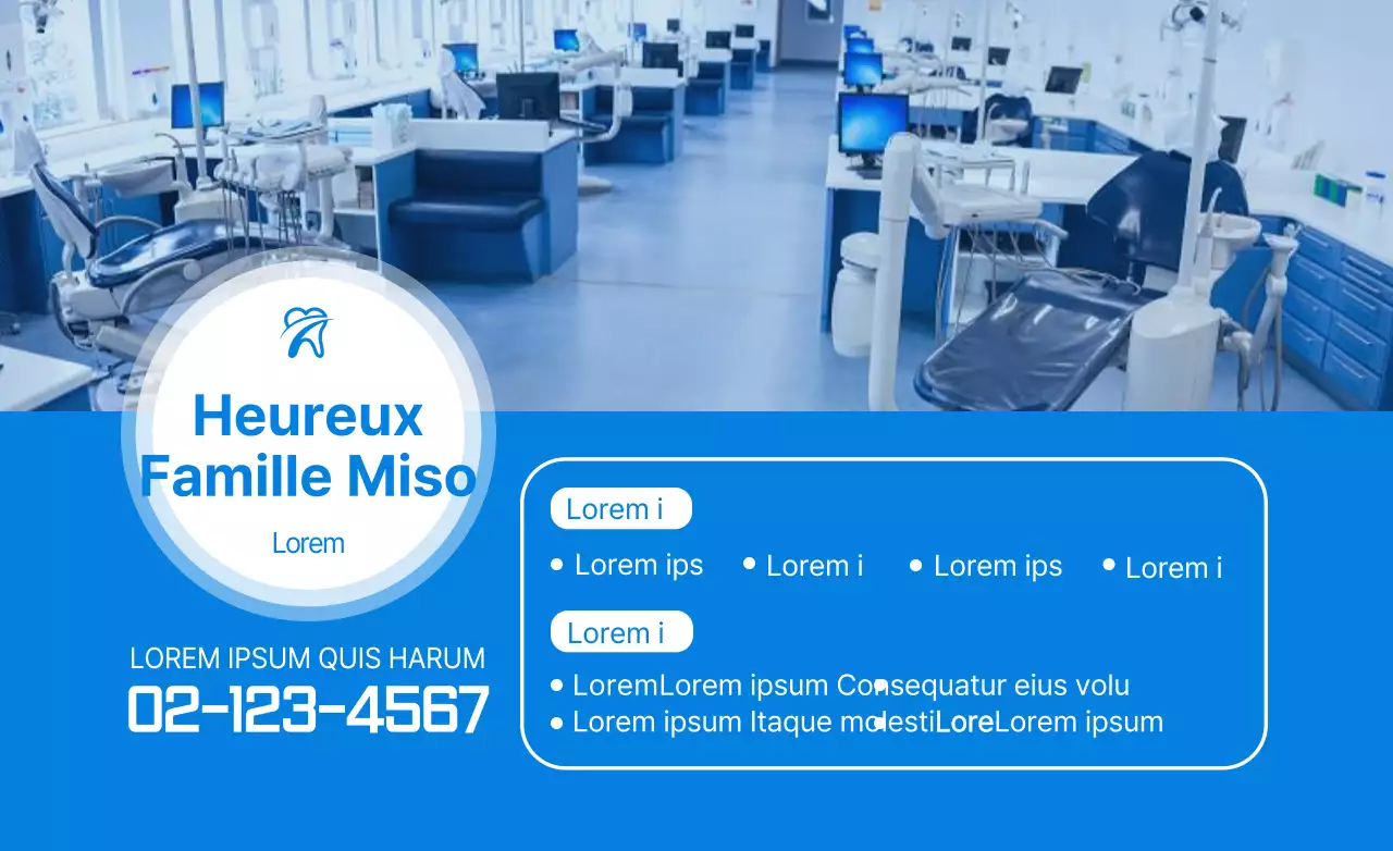 Design promotionnel simple et épuré d'une clinique dentaire en bleu avec photos