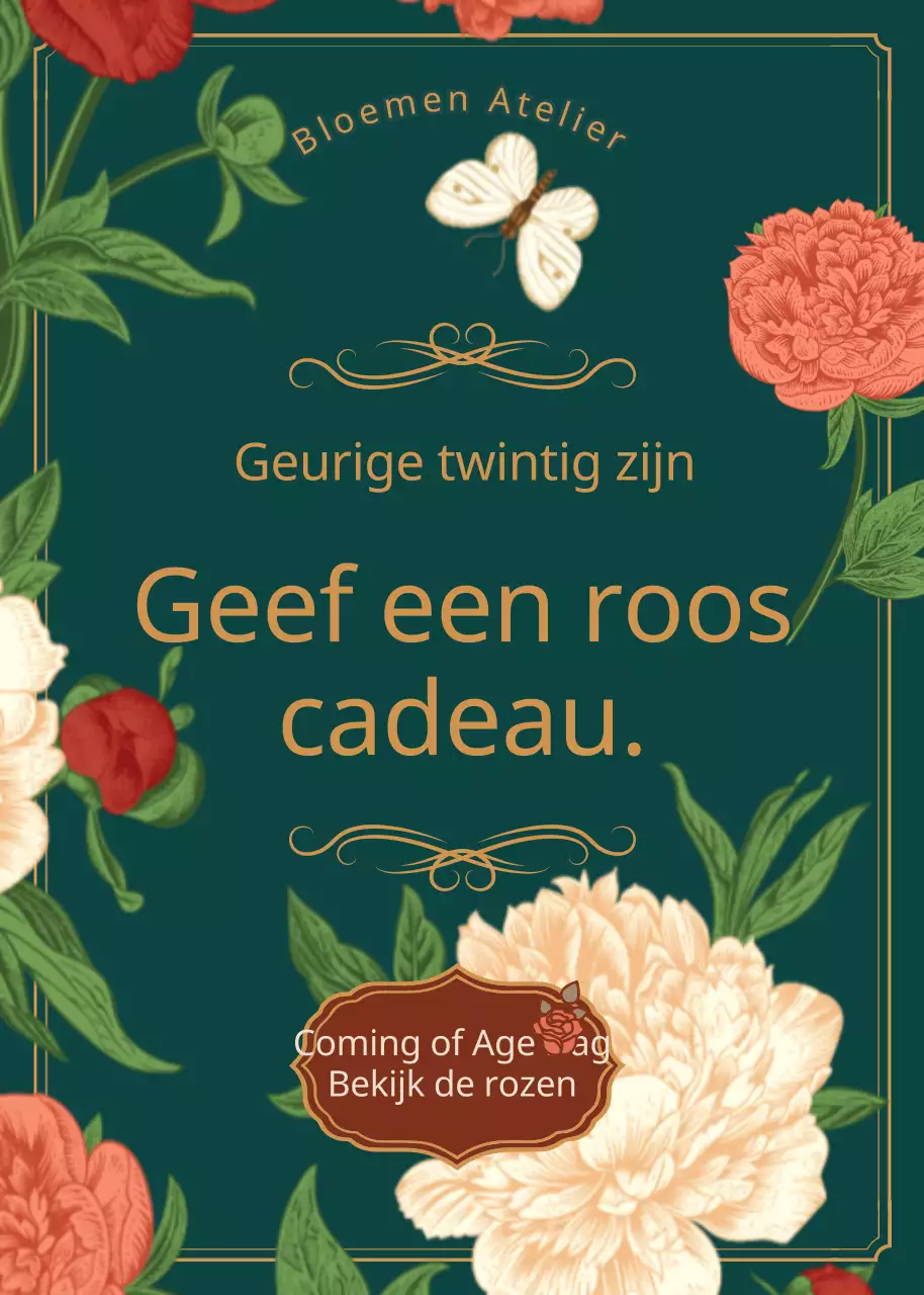 Coming of Age promotie met een groene vintage roos illustratie