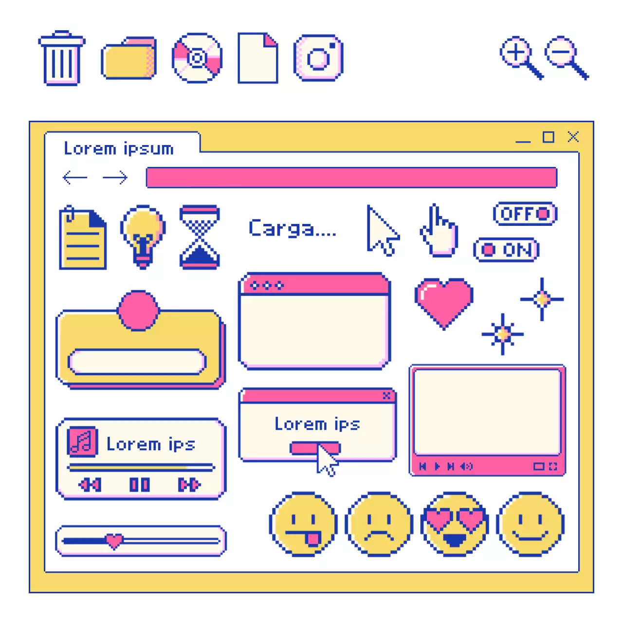 Elementos tipo pantalla de ordenador con píxeles amarillos y rosas