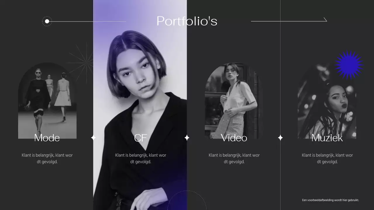 Portfolio met eenvoudige lijnen met paarse accenten op een zwarte achtergrond