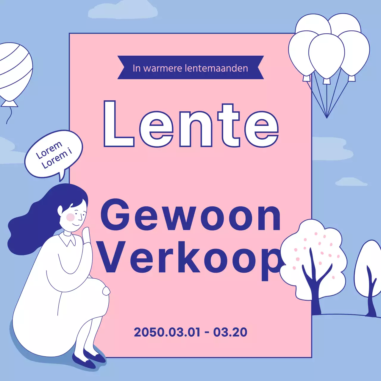 Lijnillustratie in pastel lichtblauw en roze Lente uitverkoop