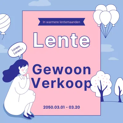 Lijnillustratie in pastel lichtblauw en roze Lente uitverkoop