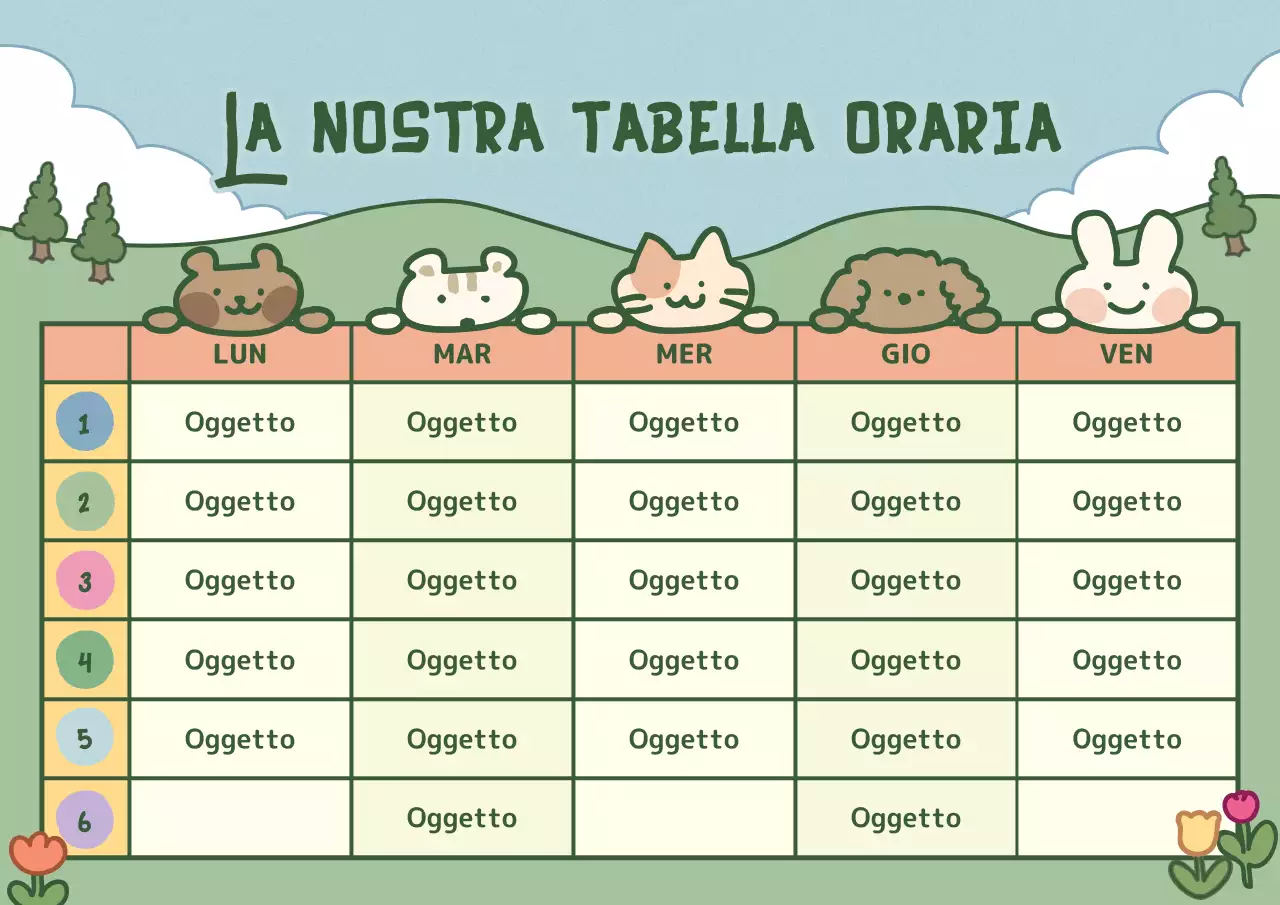 Orario con simpatiche illustrazioni in azzurro e verde