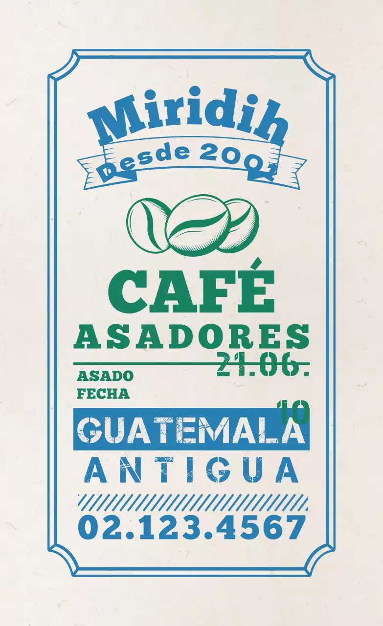 Etiquetas para granos de café con diseño tipográfico en azul
