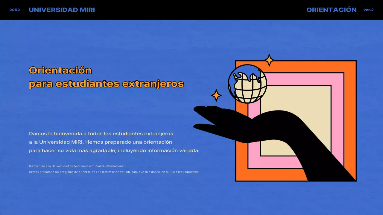 Concepto vintage en azul y naranja para la orientación de estudiantes internacionales