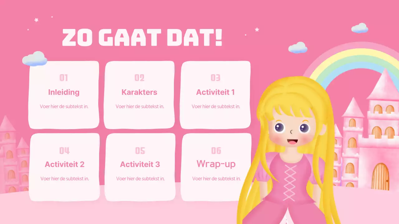 Een schattige roze prinsessen sprookjes acteerles