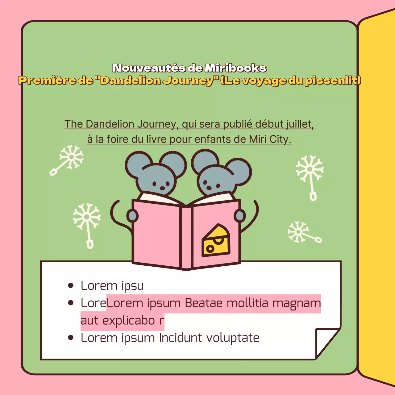 Un guide des salons du livre dans un style jaune et rose mignon