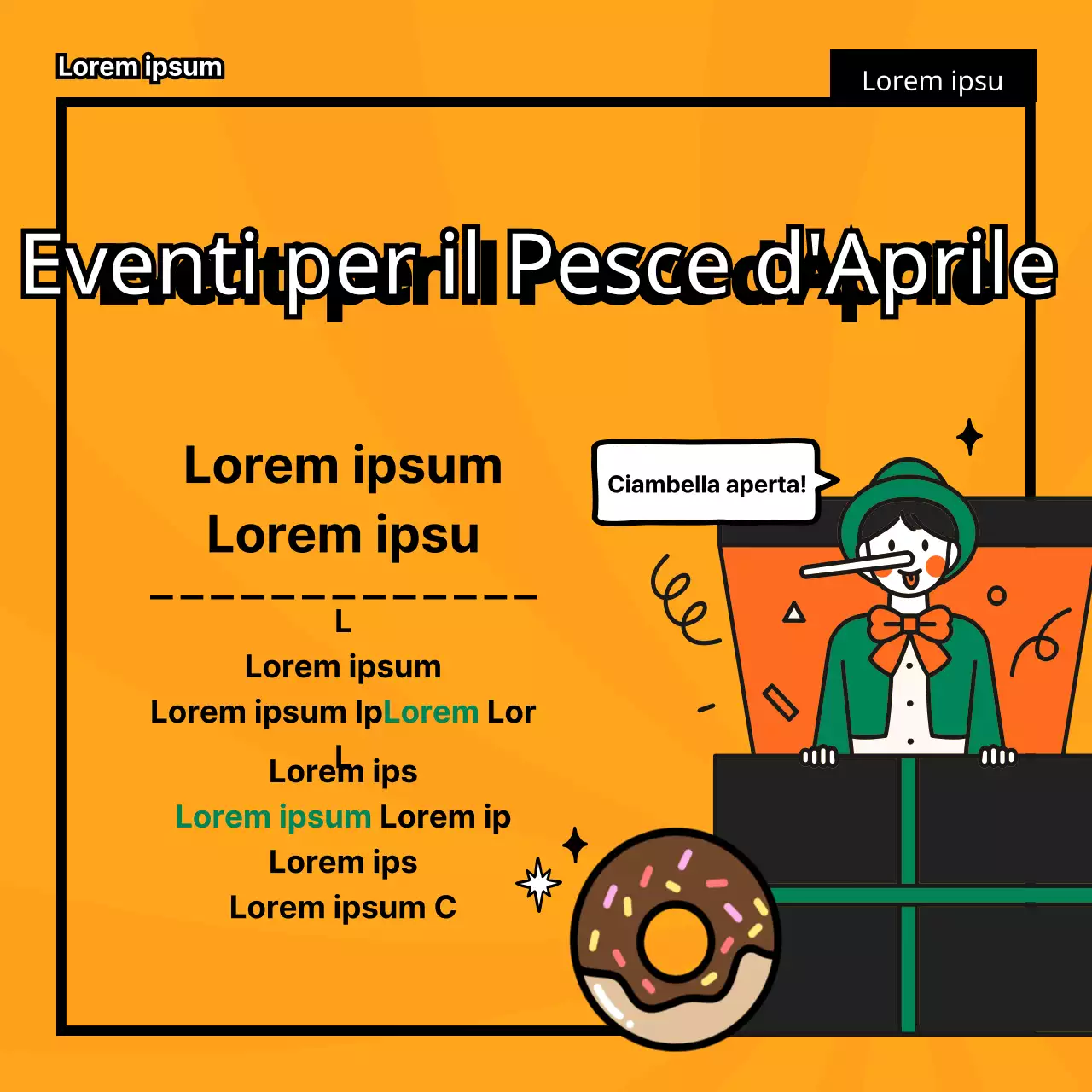 Il pesce d'aprile si nasconde TMI in una simpatica, divertente, piatta e semplice illustrazione di Pinocchio in verde e arancione.