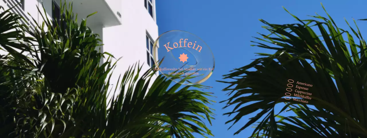 Werbung für ein Sommercafé mit weißen Gebäuden und Pflanzen vor einem blauen Himmel im Hintergrund