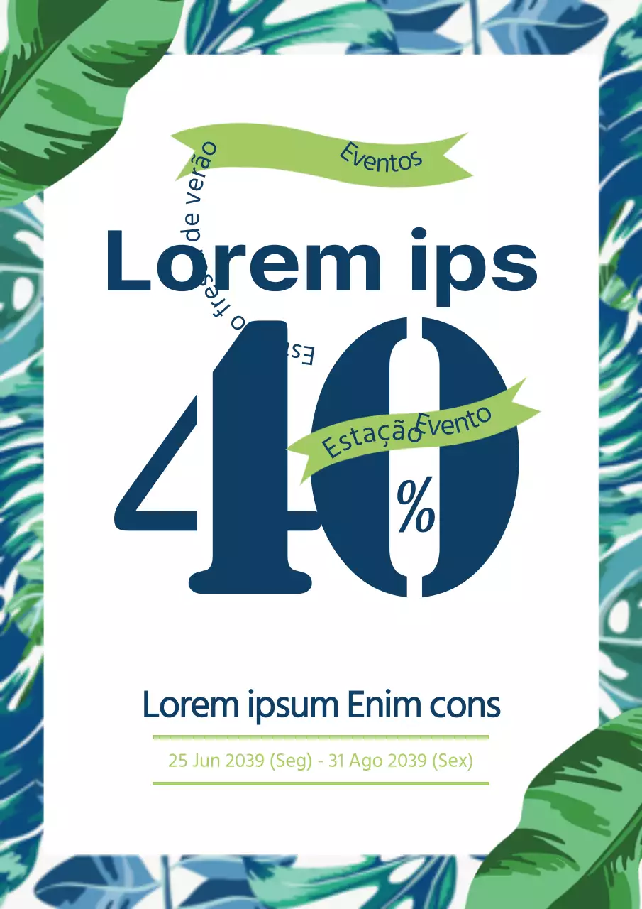 Folheto de promoção de um evento de descontos para uma marca de roupa de praia elegante, em azul e verde.
