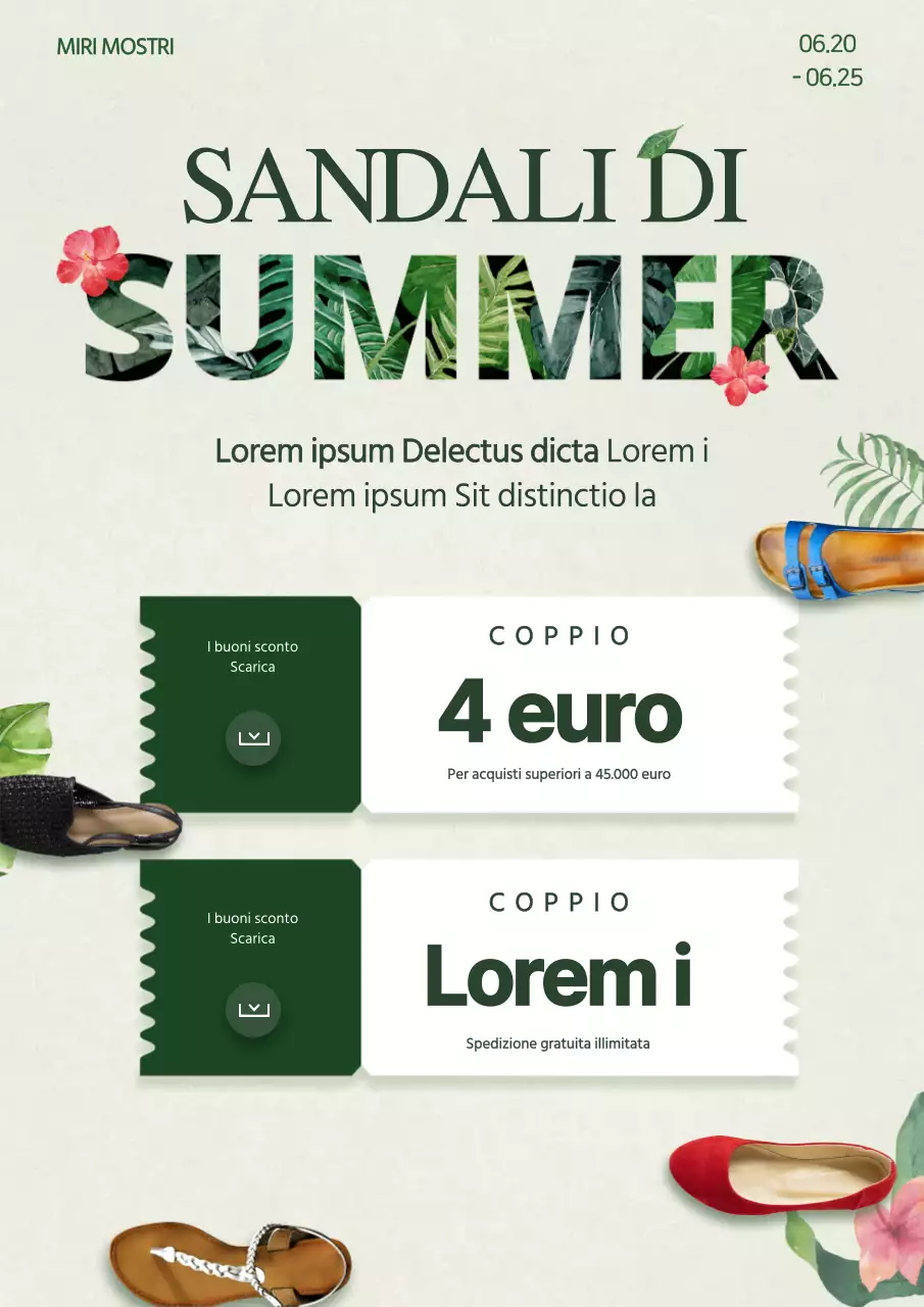 Volantino di un evento che promuove un buono sconto per scarpe estive in tonalità verde