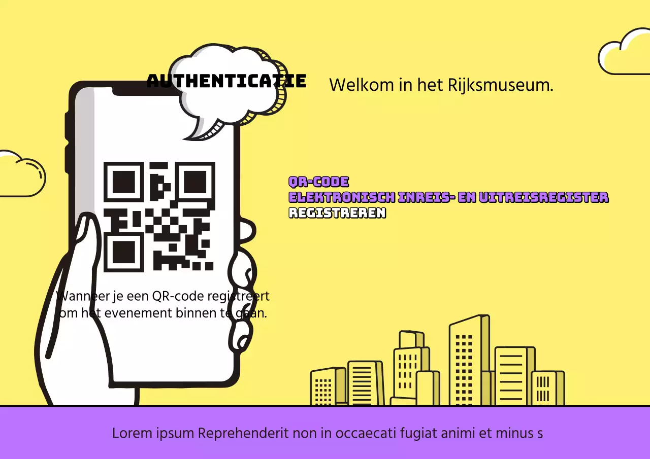 COVID-19 QR Code geïllustreerde informatieposter met gele achtergrond